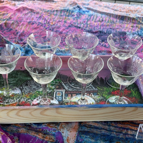 7 Libby Windswept Pattern Etched Liqueur Glasses. - Picture 8 of 12